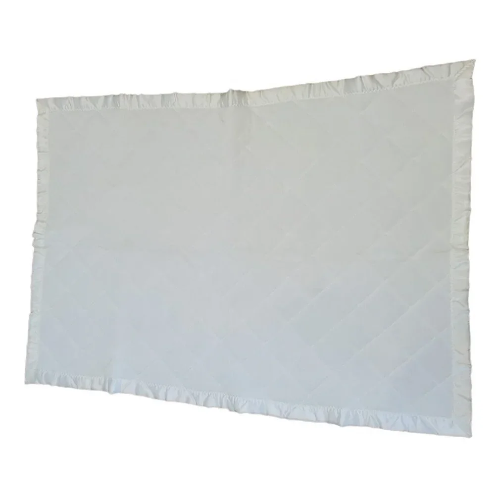 Vintage White Quilted Floral Embroidered Baby Comforter Blanket Satin Trim 48x35